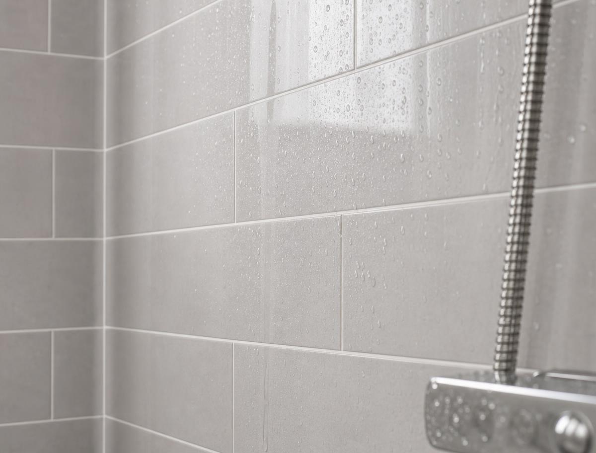Close-up of clear-coated shower tile and sealed grout with water beading on the protected finish